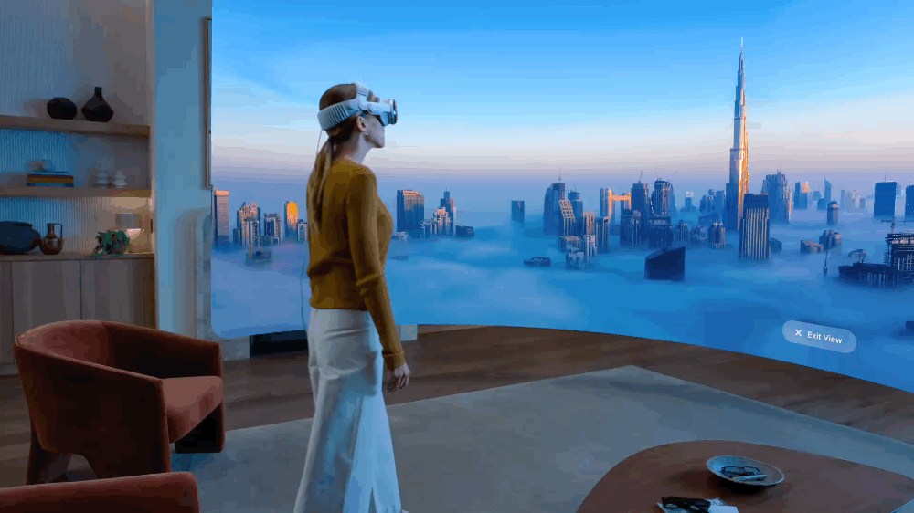 animated GIF of someone wearing Apple Vision Pro and walking into an immersive photo