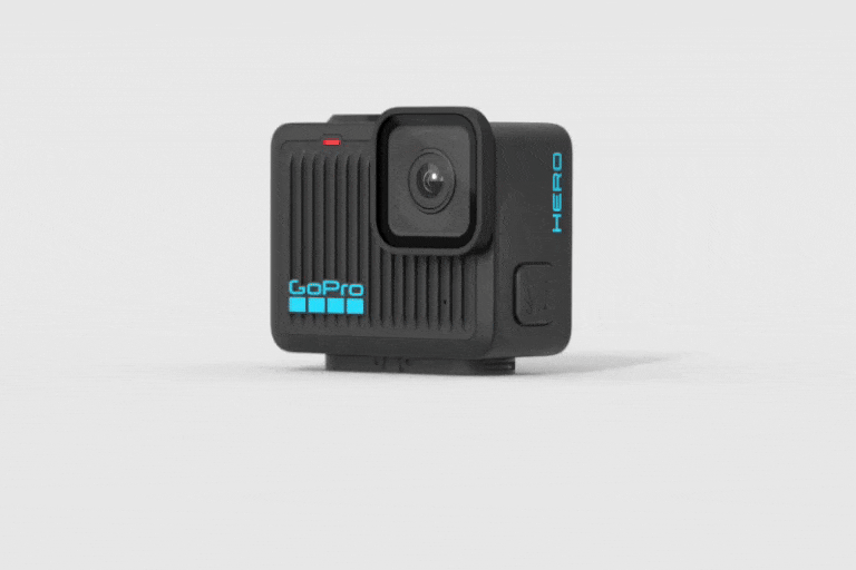 animated gif of the gopro hero showing how small and lightweight the camera is