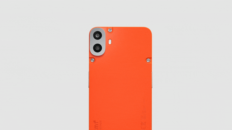 animated gif of the nothing cmf phone 1 phone seen from the back and front in orange