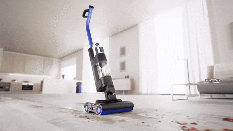 animated gif showing dyson wash g1 pictured cleaning stains from the floor