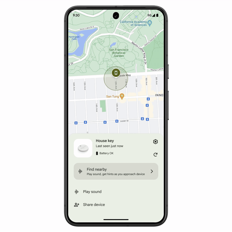 animated gif showing how the google find my device system works for lost items, like this chipolo bluetooth tracker attached to someones keys