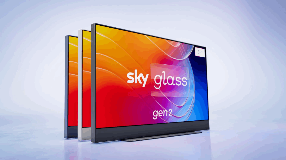 animated GIF showing Sky Glass Gen 2 moving in all three colour options