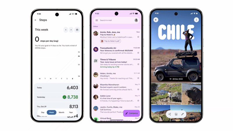 animated GIF showing the Android 16 redesign coming to Google Photos, Fitbit and Gmail apps