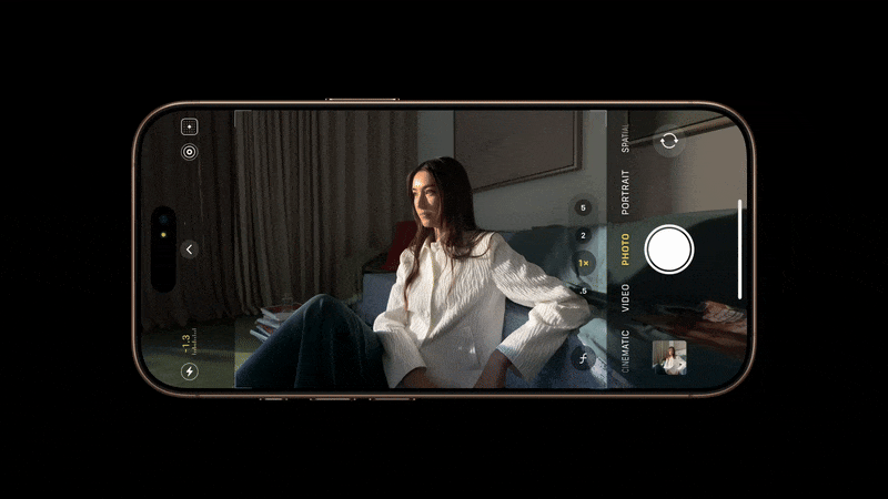 animated gif showing the camera control button on the side of the iphone 16 pro in action moving between different modes