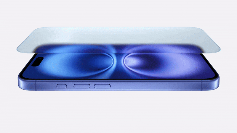 animated gif showing the ceramic shield glass fitting onto the new iphone 16