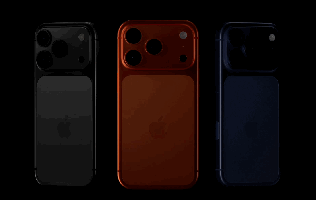 animated GIF showing the new iPhone 17 Pro and 17 Pro Max in all three colours