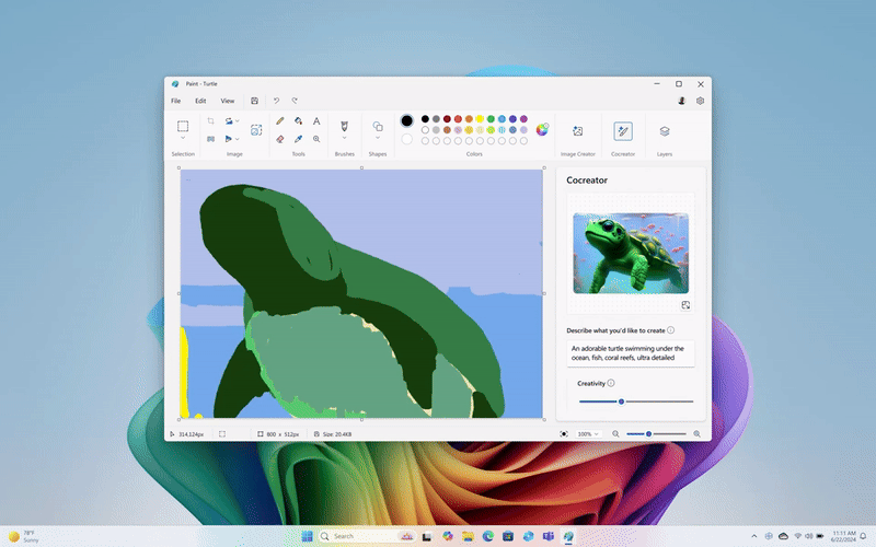 animated gif showing the process of drawing artwork with Cocreator in Microsoft Paint app in Windows 11