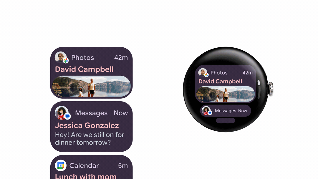 animated GIF showing the redesign of Wear OS 6 to adapt to square and circular displays