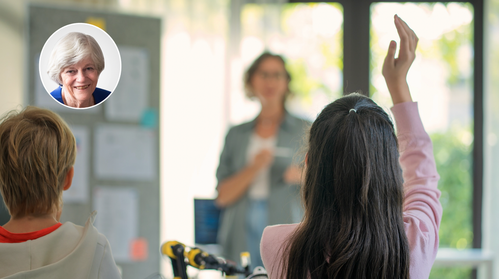 Ann Widdecombe (left), school class (right)