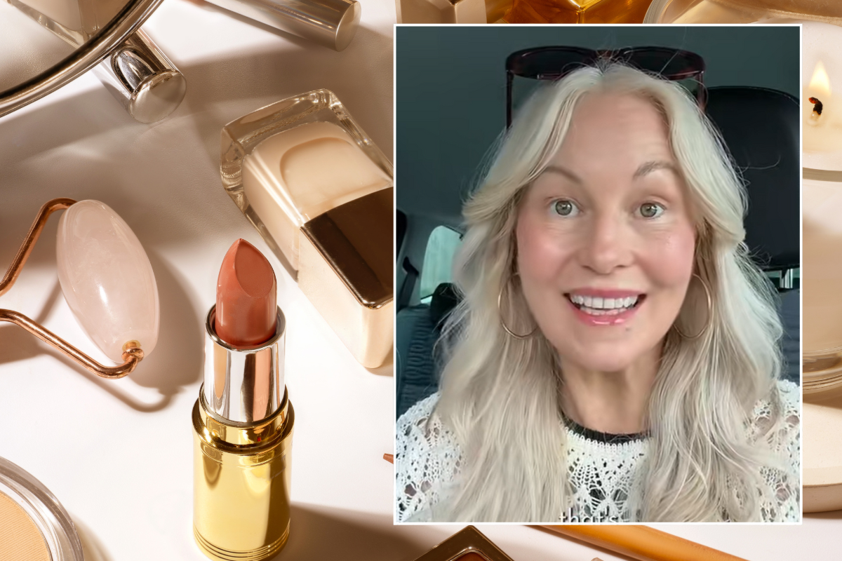 Annamaria showing her followers her makeup technique; lipstick and foundation laid out on a blank surface