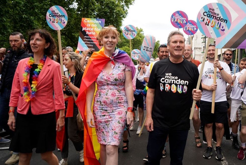 Anneliese Dodds, Angela Rayner and Sir Keir Starmer take part in an LGBT+ march in 2022\u200b