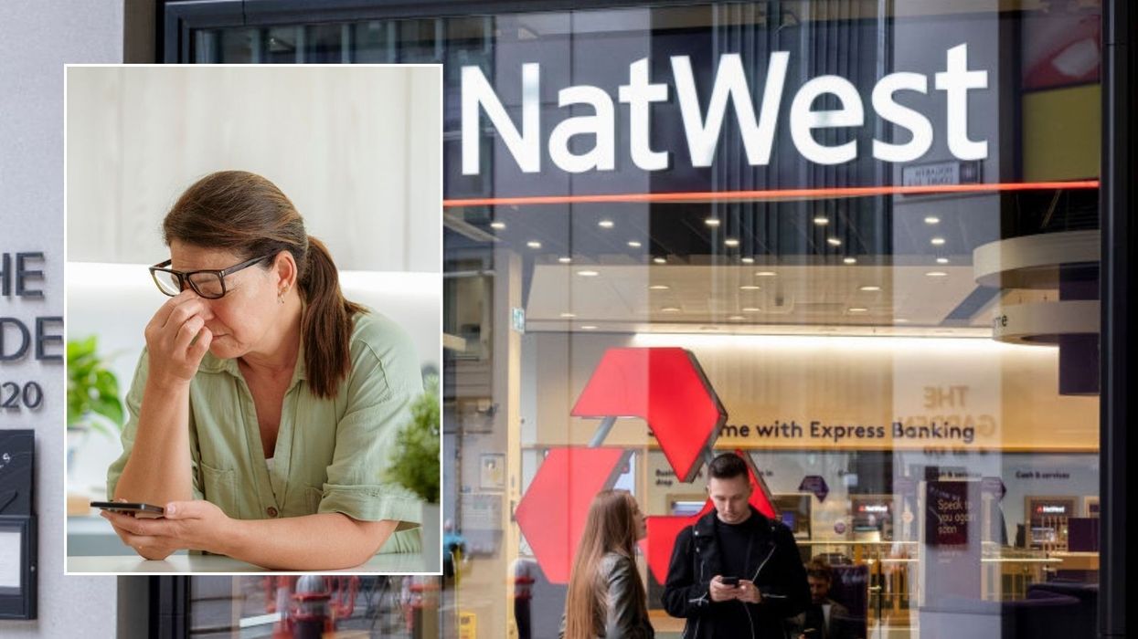 Annoyed woman on phone and NatWest bank