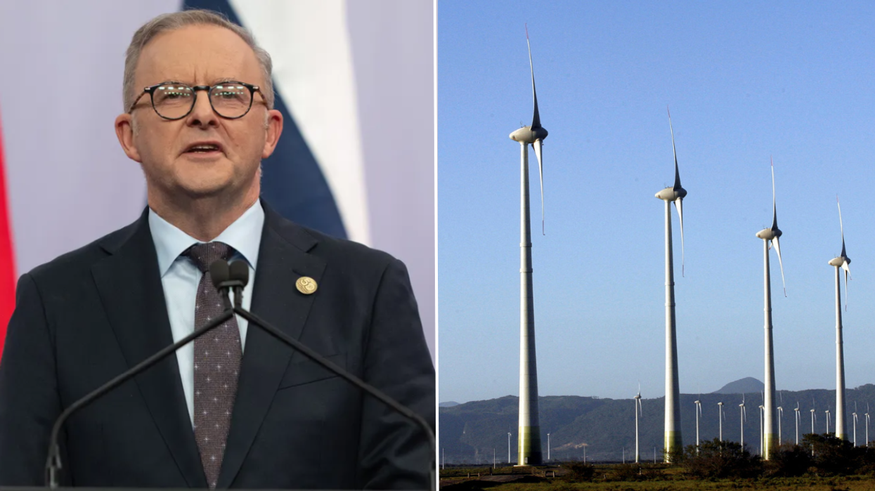 Anthony Albanese and a view of a wind farm is seen in the city of Osorio, in southern Brazil