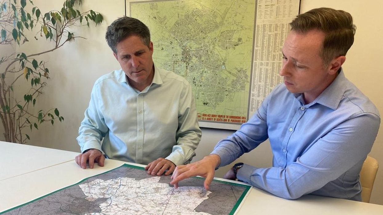 Anthony Browne, MP for South Cambridgeshire and candidate for St Neots and Mid Cambridgeshire, discussing the potential Congestion Charge impact on Cambridgeshire residents with Chris Carter-Chapman, Parliamentary candidate for South Cambridgeshire.