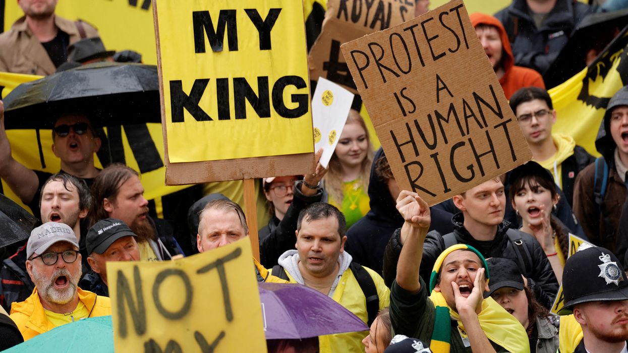 Anti-monarchy protesters demonstrate in Trafalgar Square in London ahead of the coronation of King Charles III and Queen Camilla on Saturday