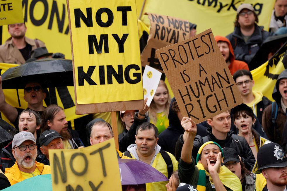 Anti-monarchy protesters demonstrating in Trafalgar Square in London ahead of the coronation of King Charles III and Queen Camilla