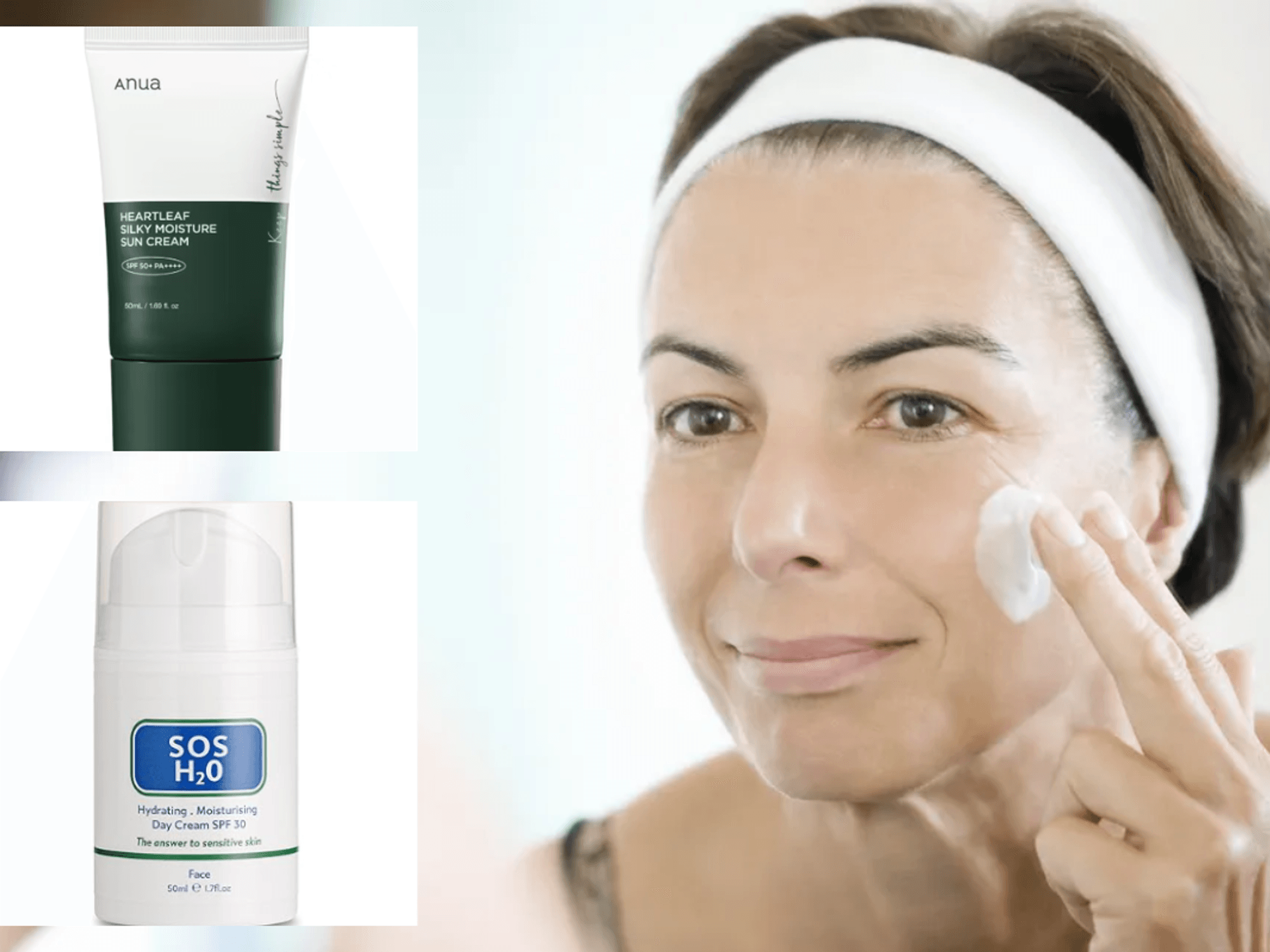 Anua / SOS SPF / Woman applying sunscreen