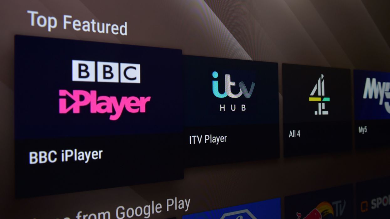 app icons for BBC iPlayer ITV Hub and Channel 4 shown on a Smart TV