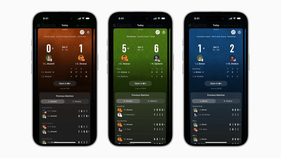 appearance of the tennis scores built into the Apple Sports app