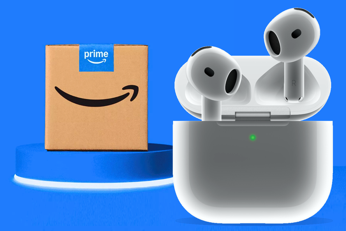 apple airpods 4 pictured in charging case on the right side of the image, with an amazon prime branded box in the back left