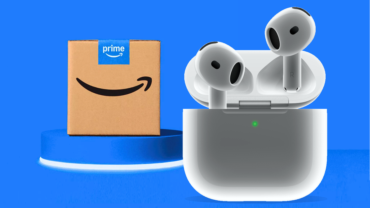 apple airpods 4 pictured in charging case on the right side of the image, with an amazon prime branded box in the back left