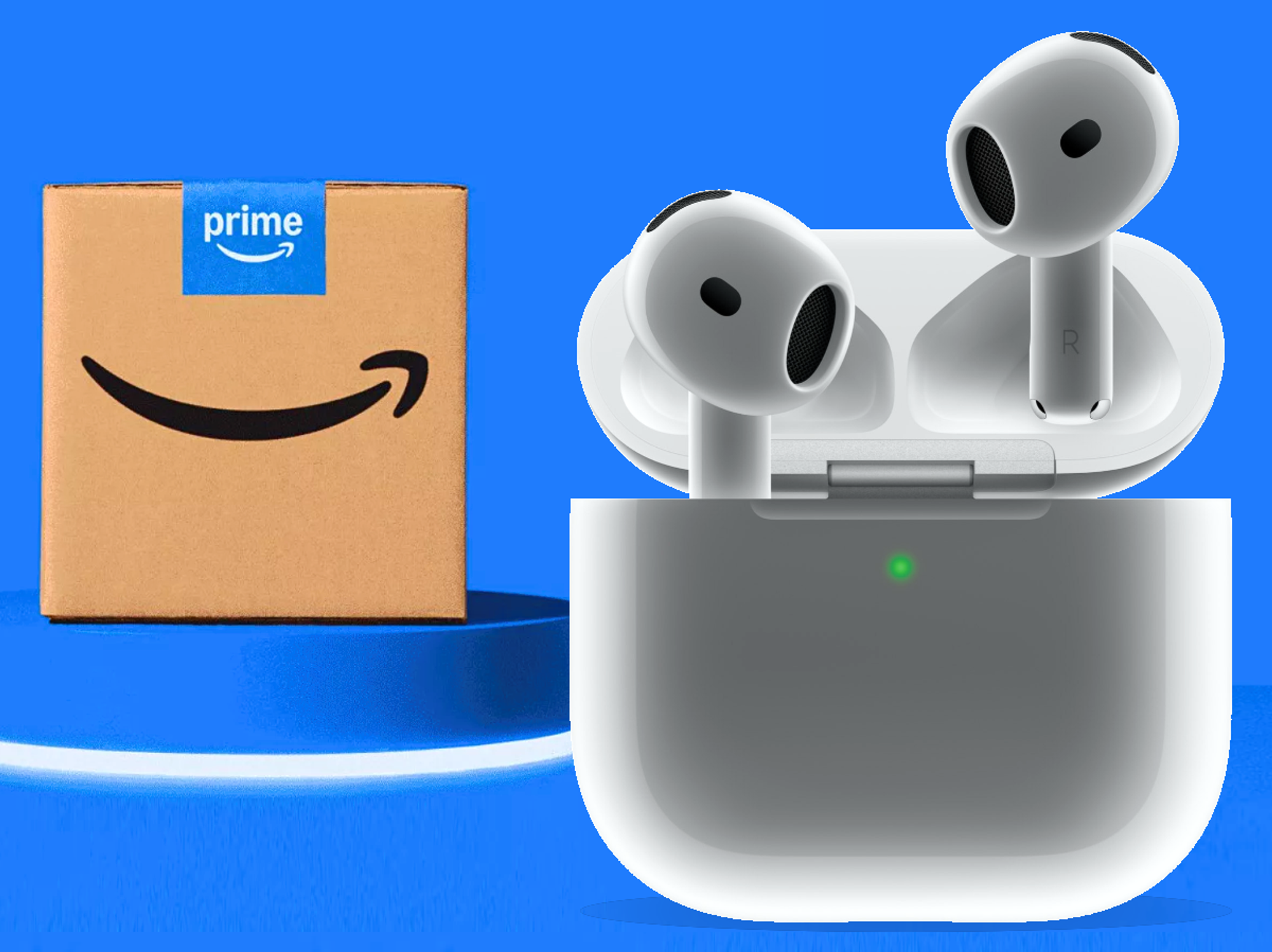 apple airpods 4 pictured in charging case on the right side of the image, with an amazon prime branded box in the back left