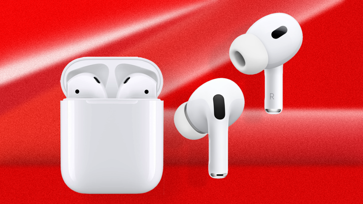apple airpods and airpods pro pictured on a red background