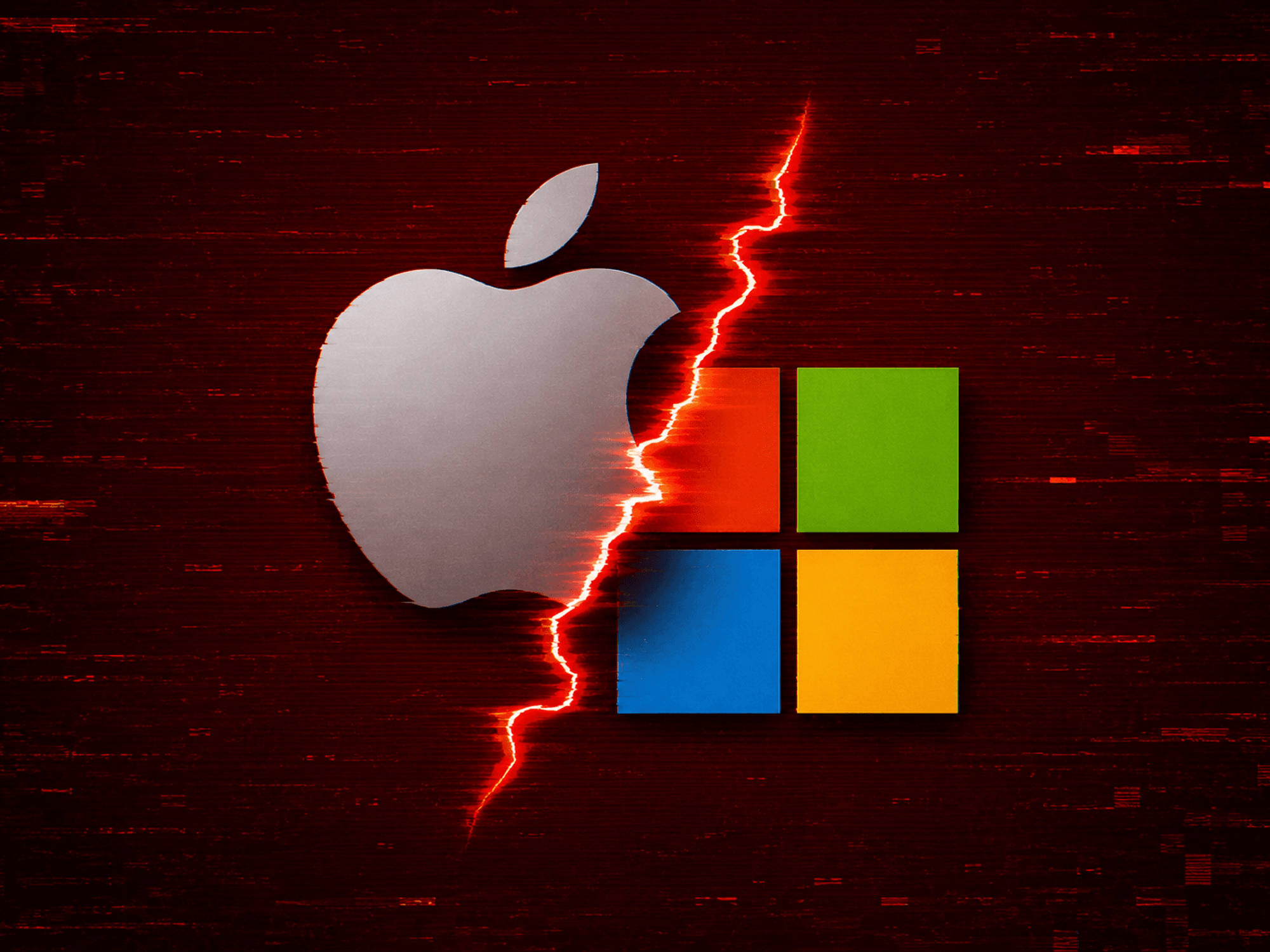 Apple and Microsoft logos with red glitchy background