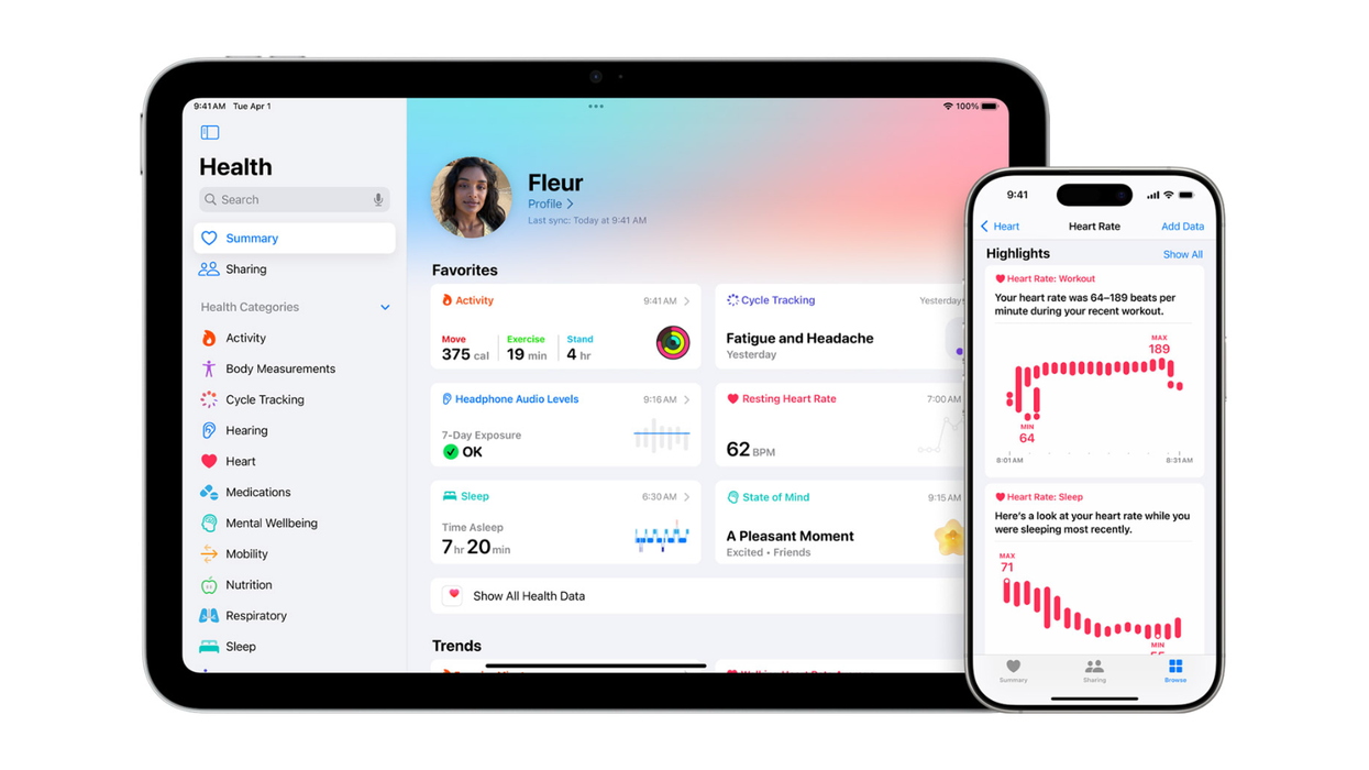 apple health app pictured on an ipad and iphone with a plain background