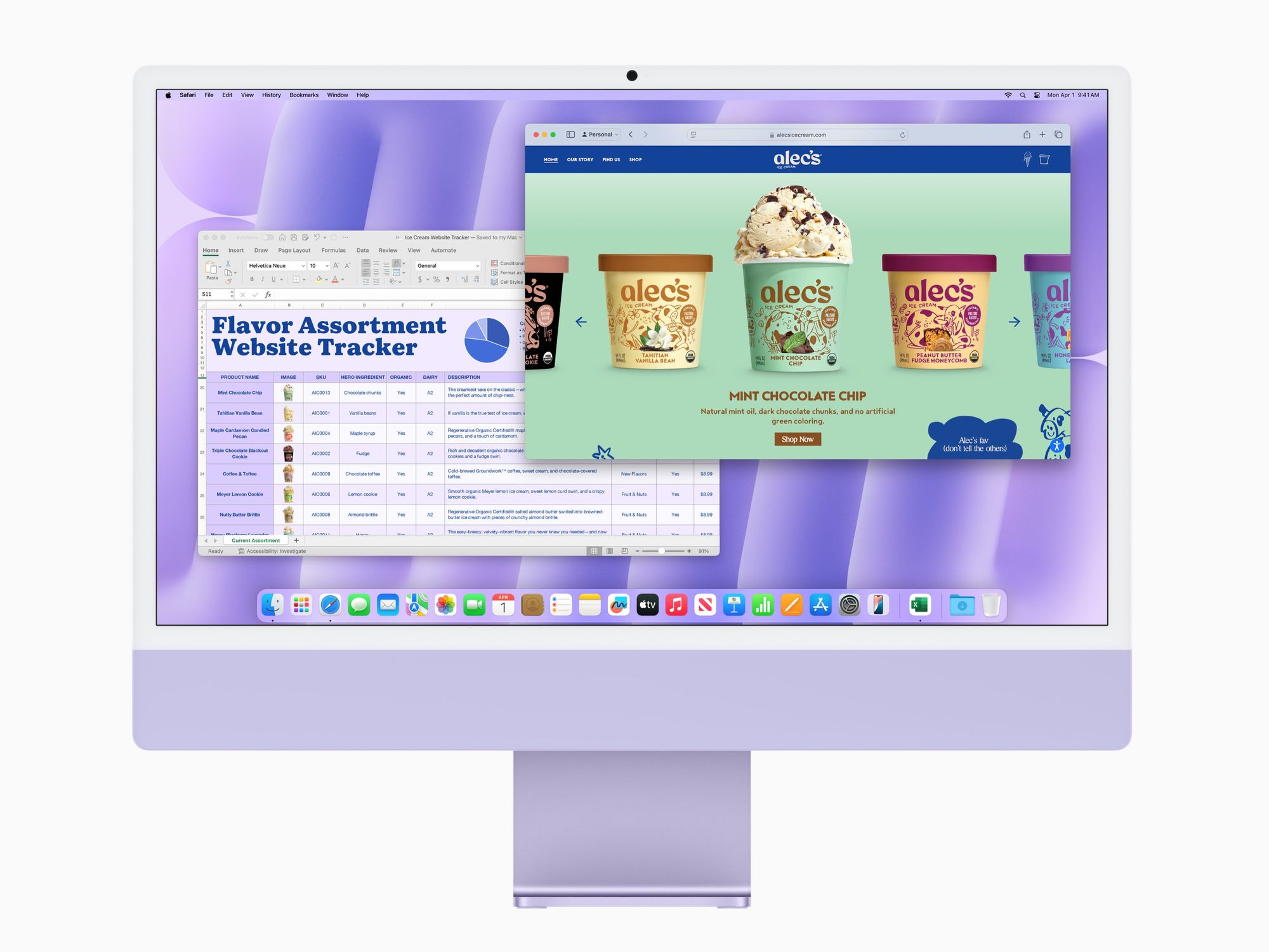 apple imac purple with macOS Sonoma shown on-screen