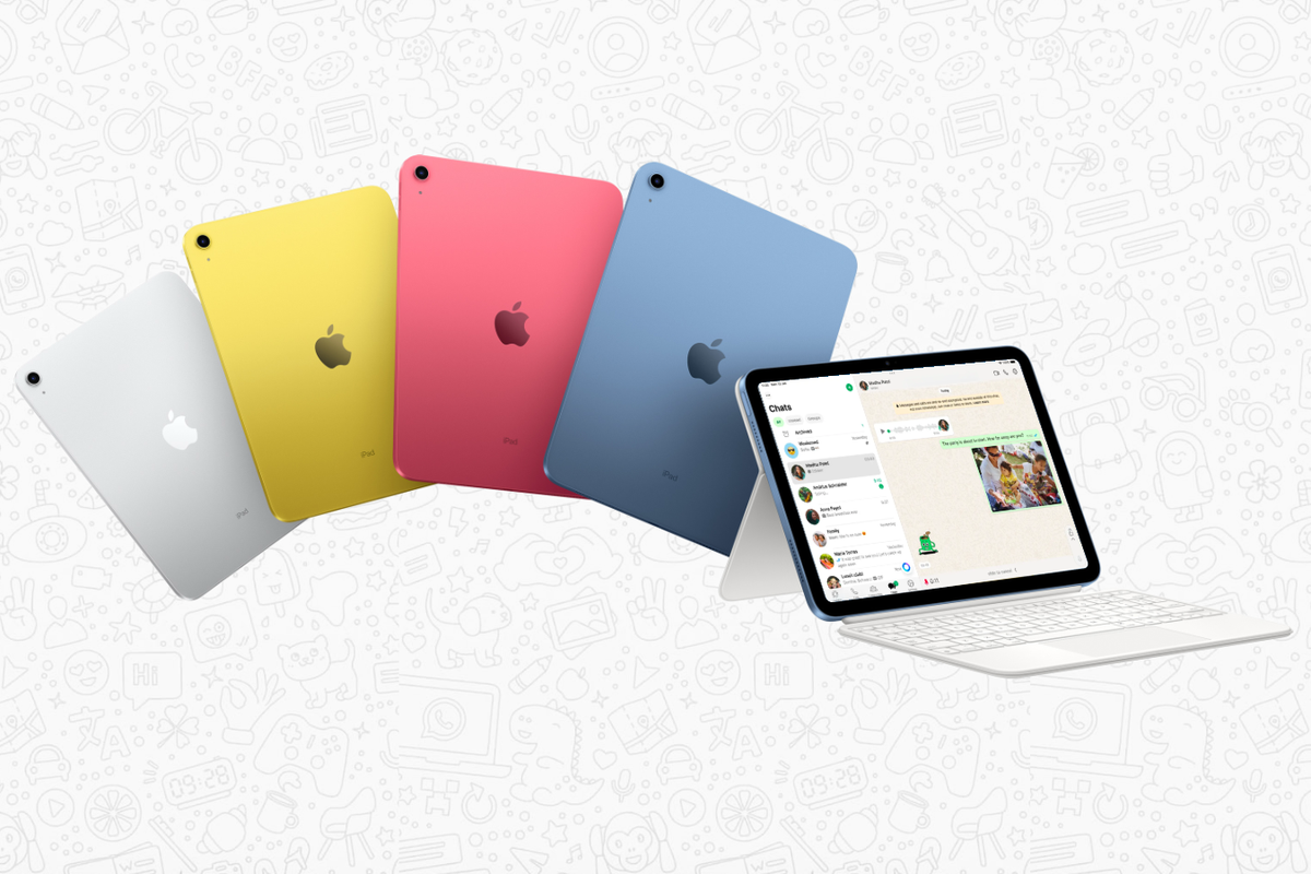 apple ipad shown in four colours with the new whatsapp app on screen