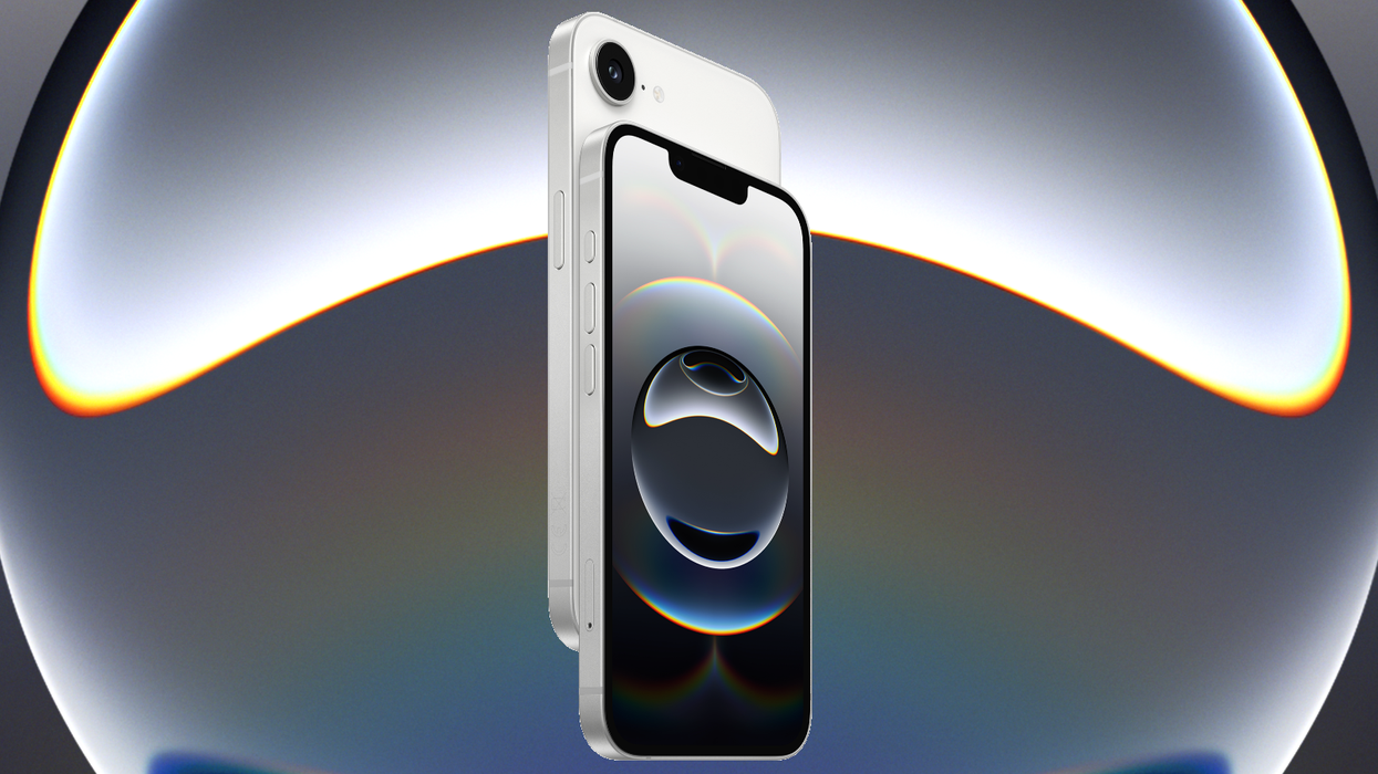 apple iphone 16e pictured back to back with colourful background