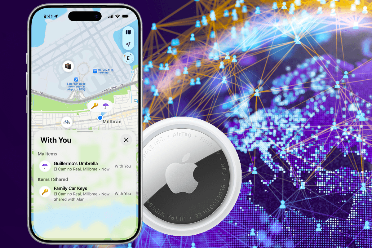 Apple iPhone and AirTag pictured side by side with a map of Europe in the background