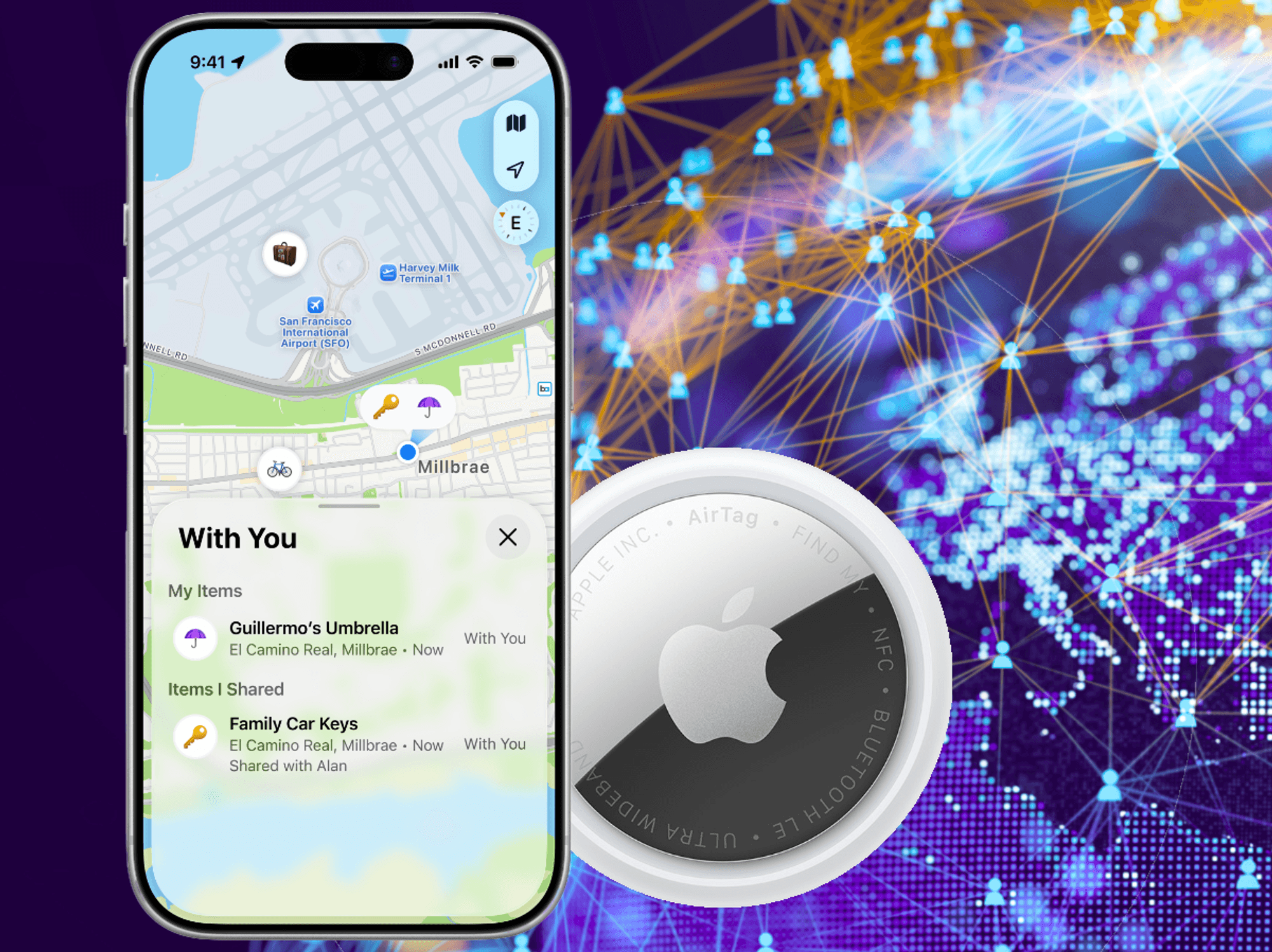 Apple iPhone and AirTag pictured side by side with a map of Europe in the background