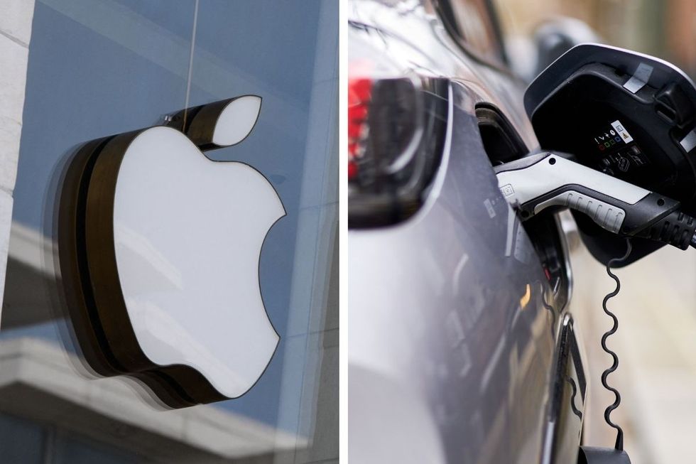 Apple logo and an electric car charging