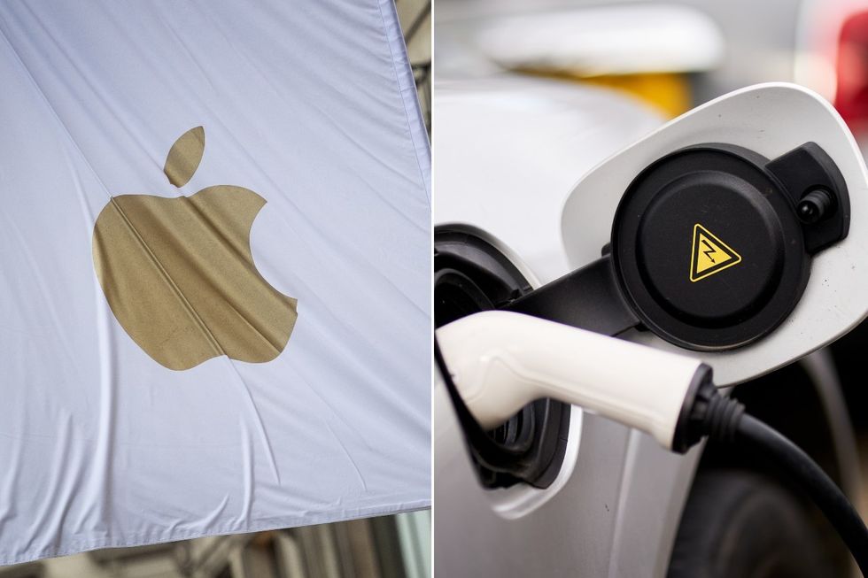 Apple logo and electric car charger split picture