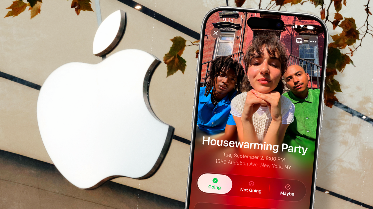 apple logo from the exterior of an apple store with an inset picture of the apple invites app on iphone