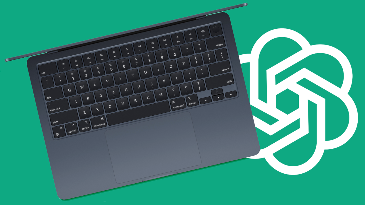 apple macbook air pictured with the green chatGPT openai logo in the background