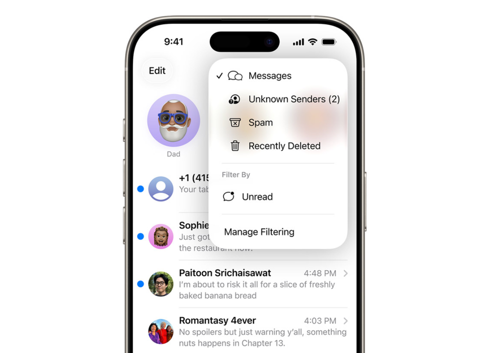 Apple Messages screenshot showing the new folder that automatically filters out spam and unknown senders