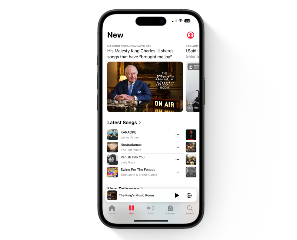 apple music homepage with The King's Music Room available to stream for free