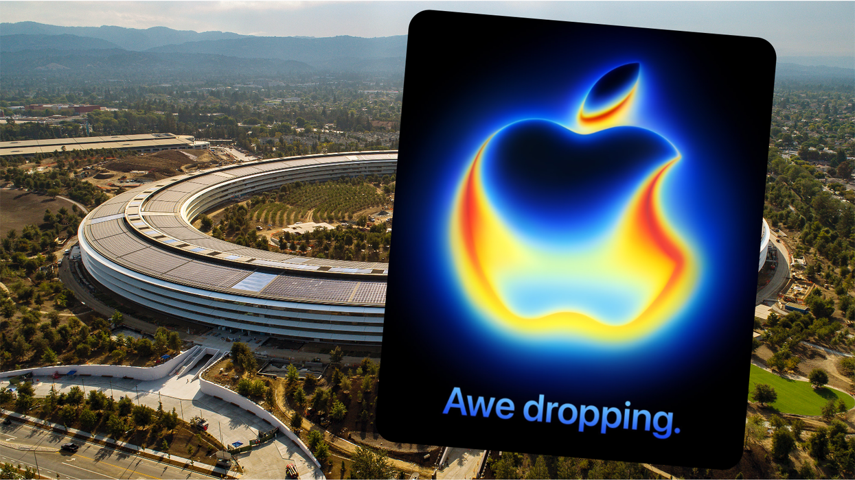 Apple Park campus in California with the invite overlaid in the corner