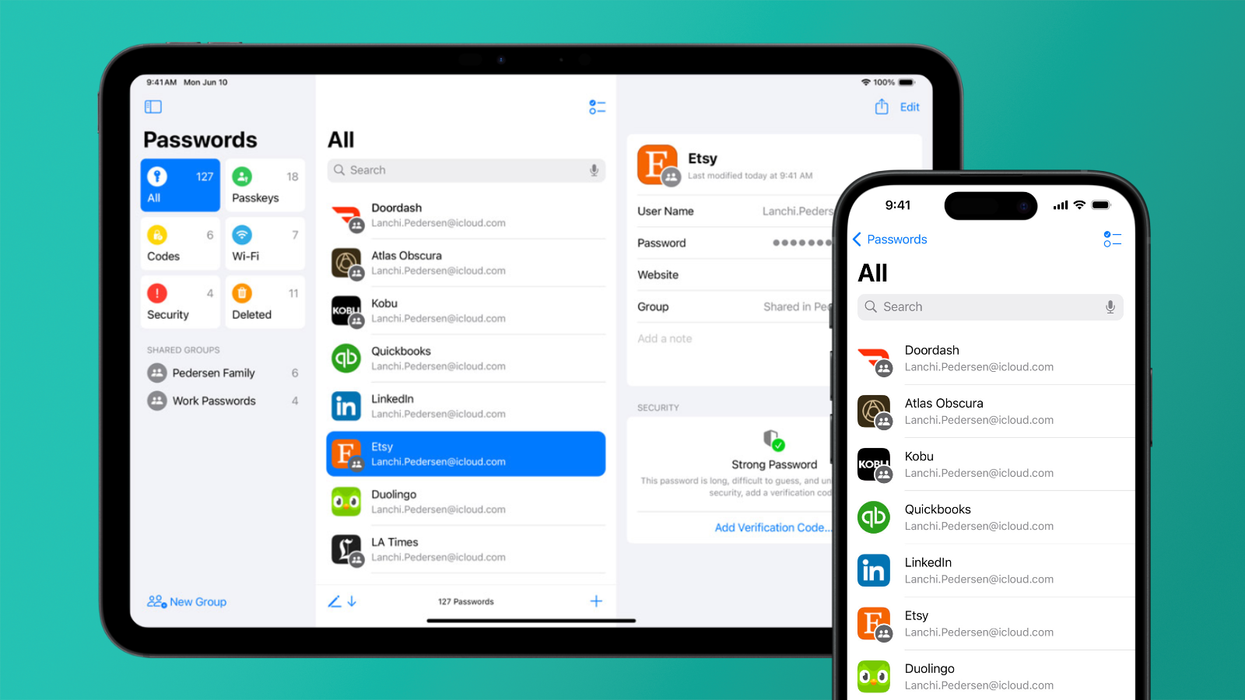 apple passwords screenshots on ipad and iphone with a turquoise background