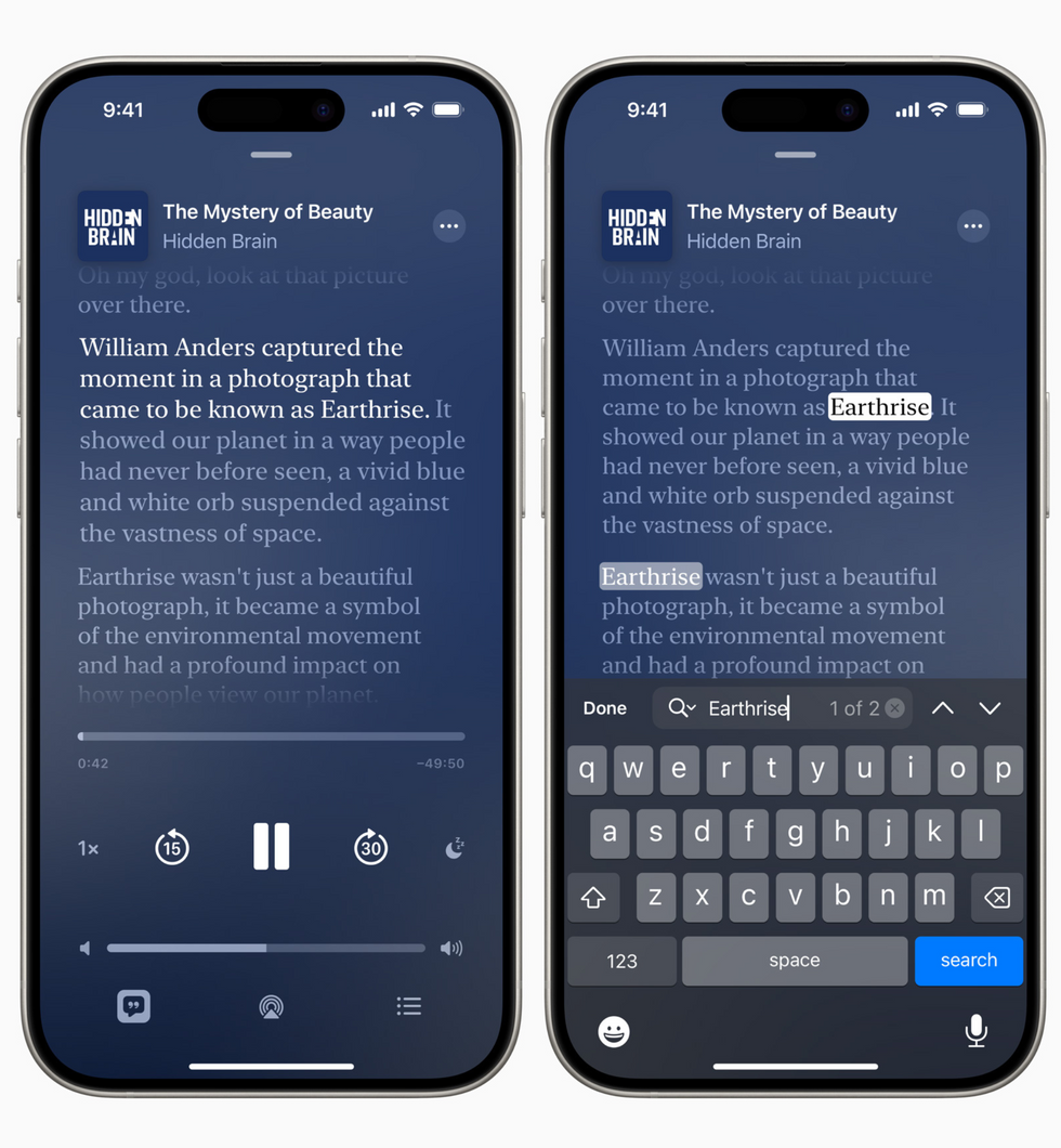 apple podcasts transcripts feature from ios 17.4 shown in a series of screenshots