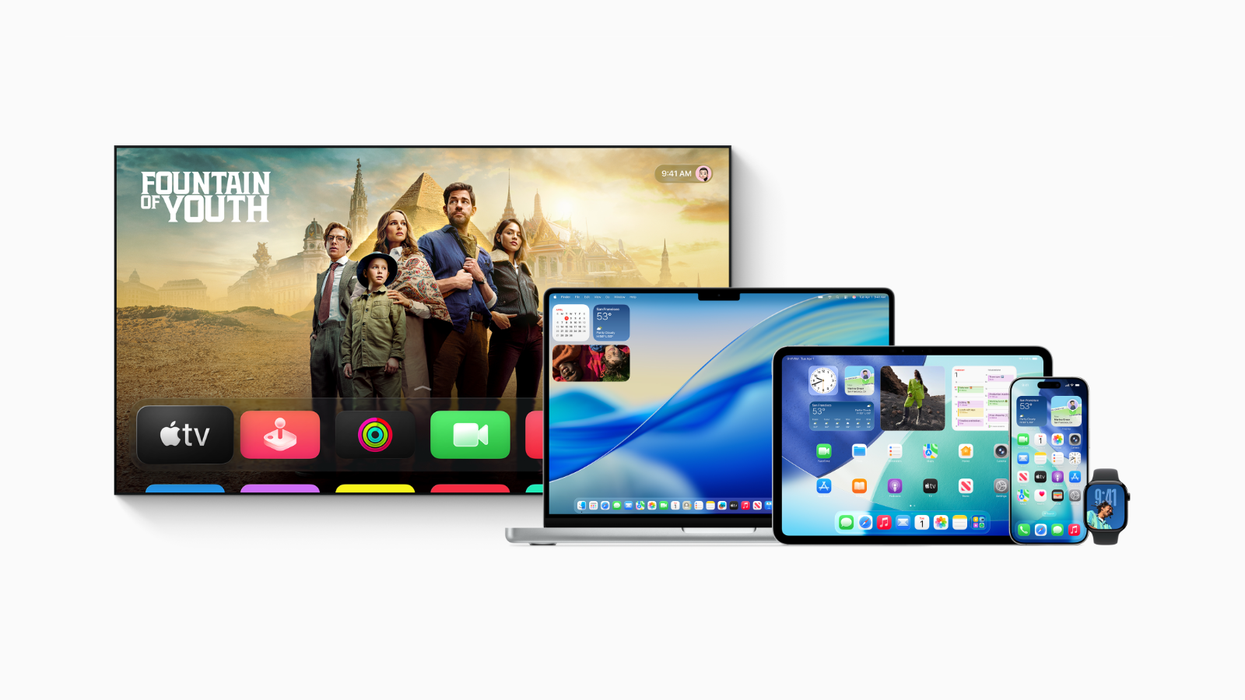 apple tv macbook ipad iphone and apple watch with liquid glass on a white background