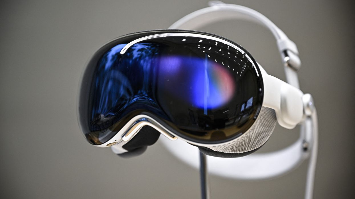 apple vision pro headset pictured on a stand at the apple event in cupertino california