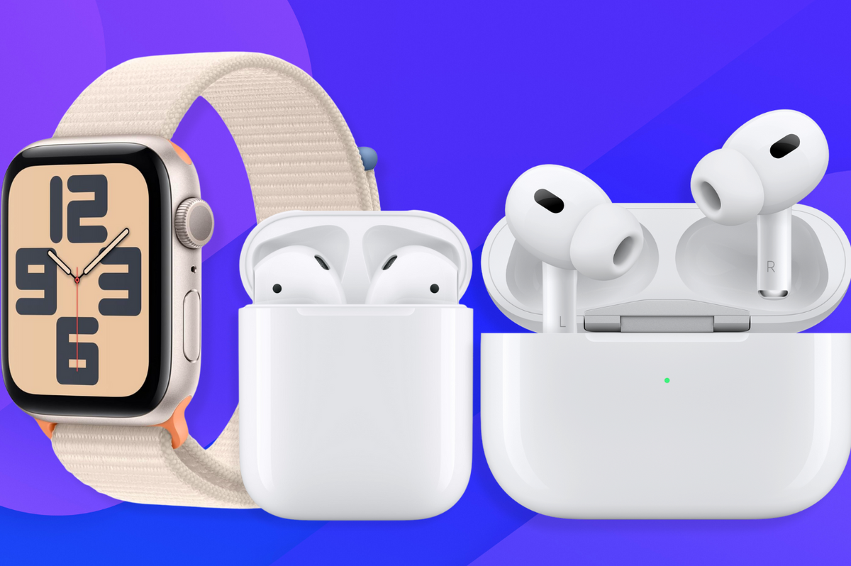apple watch se, airpods, and airpods pro all pictured on a colourful background 