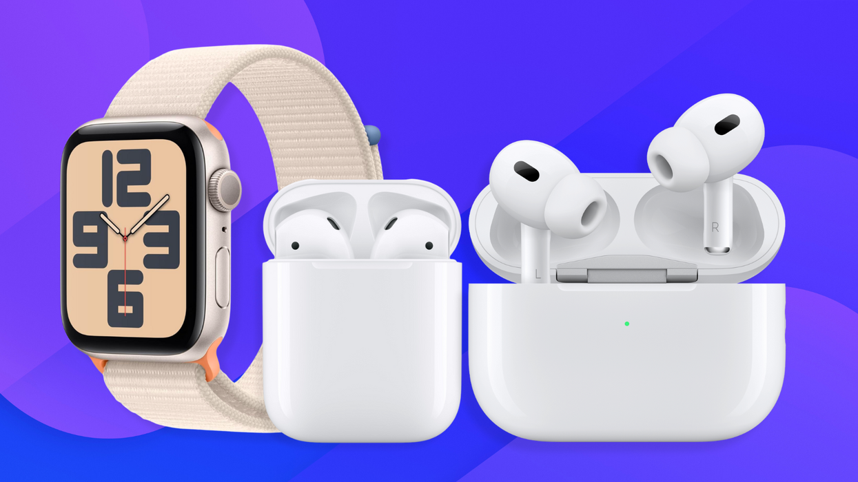 apple watch se, airpods, and airpods pro all pictured on a colourful background