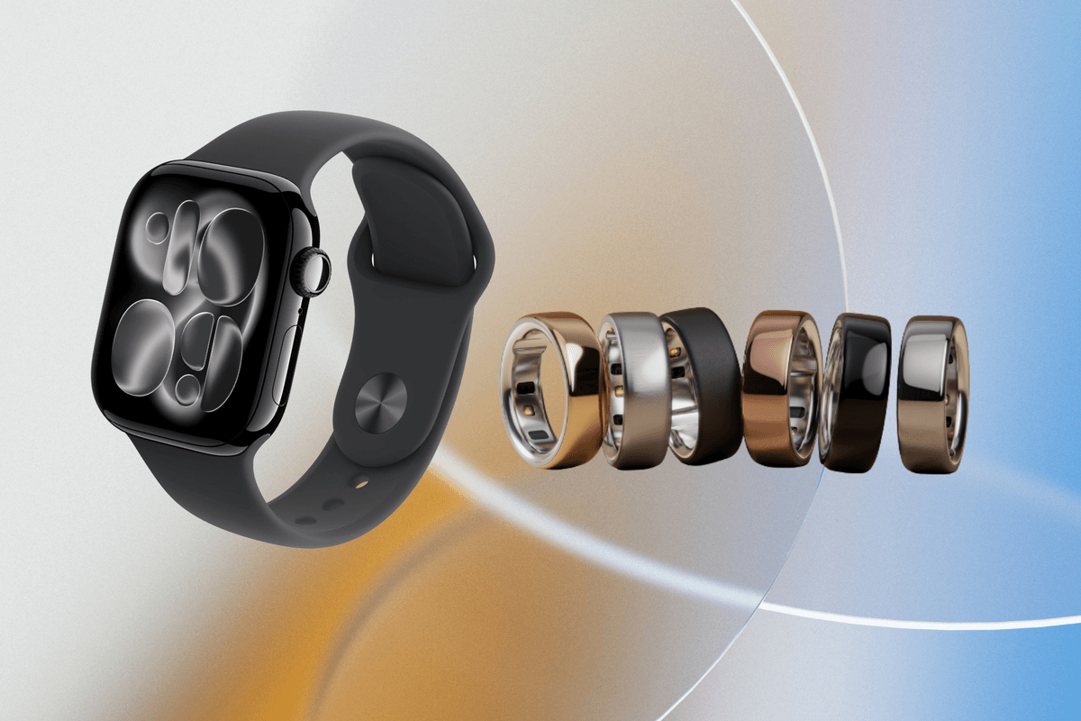 Apple Watch Series 11 and Oura Ring 4 in front colourful background