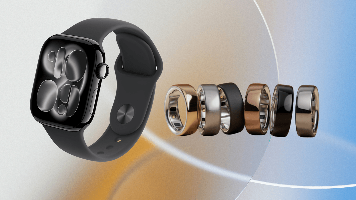 Apple Watch Series 11 and Oura Ring 4 in front colourful background