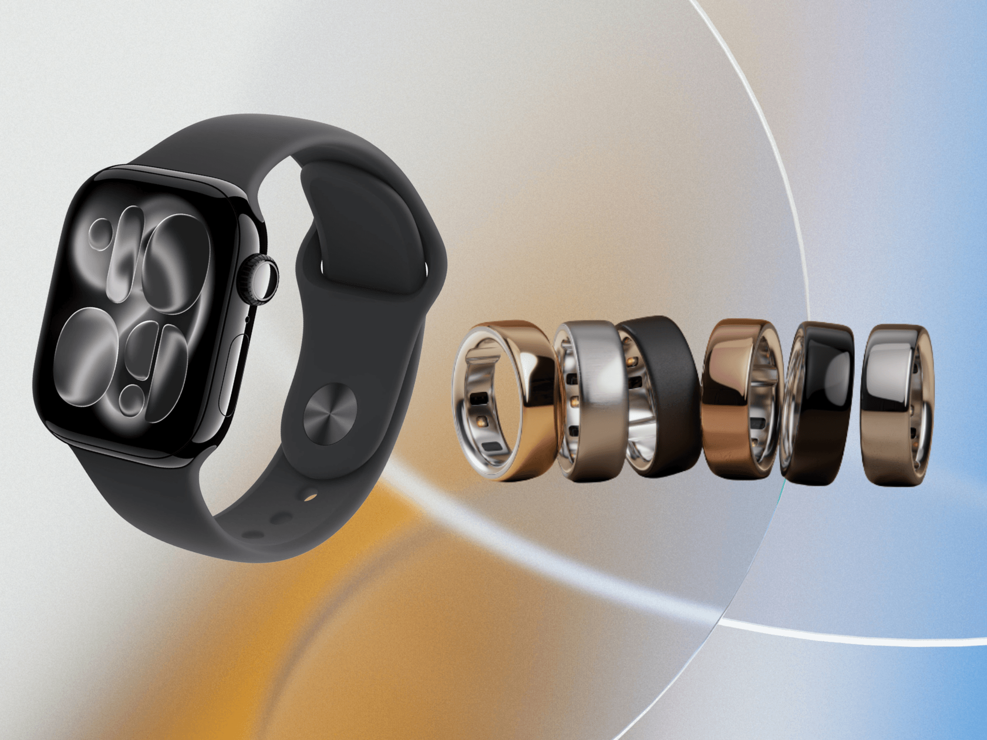 Apple Watch Series 11 and Oura Ring 4 in front colourful background